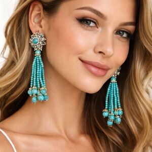 Deanna Hanroe Vintage Turquoise Chandelier clip Earrings 4”Austrian Crystals